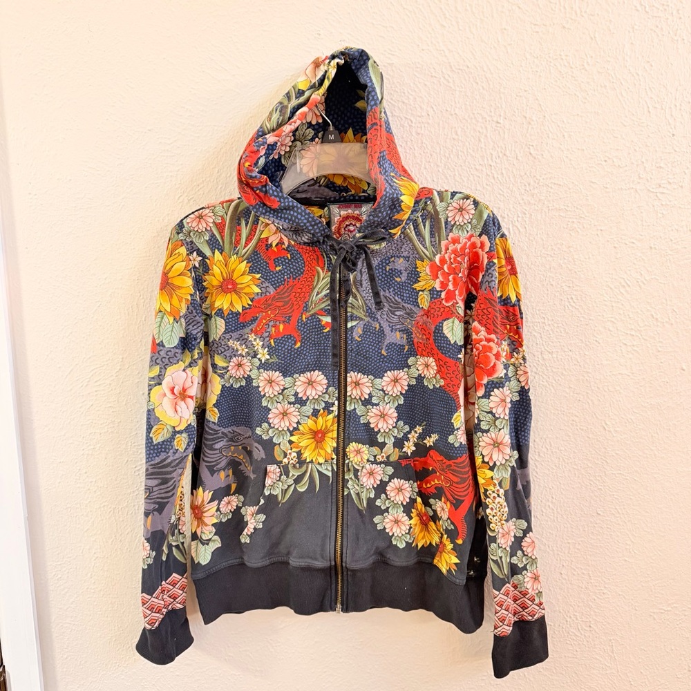 Johnny Was Navy Floral Zip Hoodie with Red, Yellow & Pink Accents - Picture 3 of 10